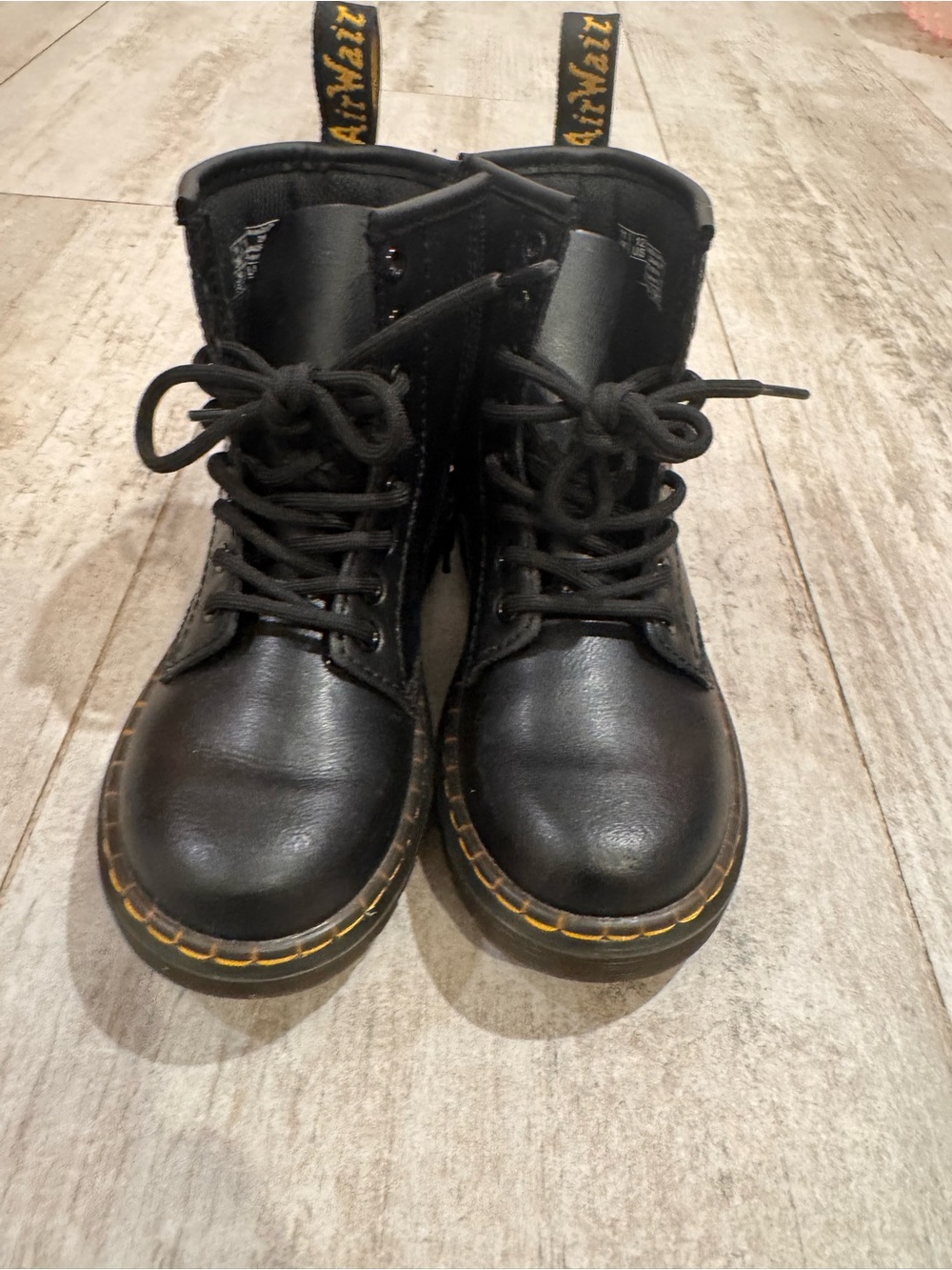 Dr. Martens Black Leather Kids Lace-Up Boots with Yellow Stitching